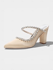 cheap Mother of Bride/Groom-Women's Ivory Block Heel Pumps with Rhinestone Strap, Elegant Mother of the Bride Shoes for Outdoor Garden Weddings