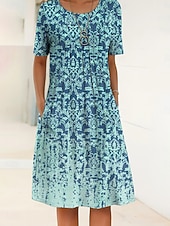 preiswerte Kunst &amp; Design Kleider-Damen Midikleid Shiftkleid Urlaub Lässig Täglich Normale Passform Grafik Geometrisch Kurzarm Rundhalsausschnitt Blau Purpur Grün Sommer Frühling