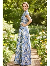 preiswerte Bodenlänge-A-Linie Bodenlang Hemdblusenkleid Kleid für Hochzeitsgäste Abendkleid Brautmutterkleid Kappenärmel Hoher Ausschnitt Elegant Minimalistisch Formell Hochzeitsgast Satin mit Geteilter Vorderteil Druck