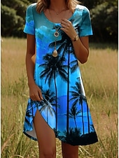 ieftine Rochii boho-Pentru femei Rochie Mini Rochii Tricou Rochie A line Rochie de vară Casual Zilnic Fit regulat Floral Grafic Manșon scurt Crewneck Albastru piscină Galben Portocaliu Trifoi Vară Primăvară