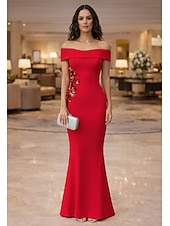 baratos Vestidos de Festa Sereia-Mermaid Trumpet Floor Length Evening Gown Elegant Sleeveless Off Shoulder Prom Wedding Stretch Crepe with Sequin Appliques
