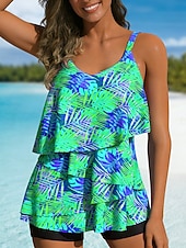 Χαμηλού Κόστους Τανκίνι-Γυναικεία Μαγιό τανκίνι 2 κομμάτι Ψηλή Μέση Μαγιό Έλεγχος κοιλιάς Ψηλή Μέση Λεπτό Εξώπλατο Διακοπές Ρούχα παραλίας Τροπικό Λαιμόκοψη U Αμάνικο Μαγιό