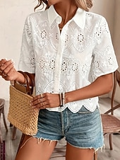 voordelige Kant Tops-Dames Blouse Vetergat Effen Kleur Stijlvol Casual Korte mouw Overhemdkraag Normale tops Dagelijks Wit Zomer Lente Herfst