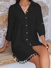 お買い得  ビーチドレス-女性用 ミニドレス 白いドレス ビーチドレス 黒いドレス シャツドレス エレガント ファッション クラシック 日常 アウトドア ビーチ ルーズフィット 平織り 七分袖 シャツカラー ブラック ホワイト 夏 春