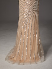  Sirena Tromba Strascico a Terra Abito da Ballo Vestito da Festa Abito Formale Abito da Sera Elegante Festa Scintillante Manica Corta Collo Alto Balli di fine anno Matrimonio con Pizzo Paillettes