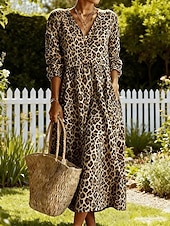 economico Abiti floreali-Per donna Abito maxi Abito Camicia Vestito Casual Moda Essenziale Moderno Quotidiano All'aperto Spiaggia Vestibilità regolare Leopardo Manica 3/4 Scollo a V Marrone Estate Primavera