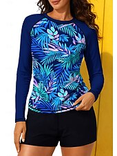 voordelige Surf Tankini's en Bikinis-Dames Normaal Rashguard-badpak Uitslagbescherming Zwempak met bloemenprint Flora Tropisch Kleurblokkering 2-stuks Verwijderbare vulling boyleg UV-zonbescherming UPF50+ Elastisch Lange mouw