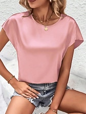 economico Bluse Semplici-Per donna Elegant Top in raso Camicia in raso Top estivi Tinta unica Semplice Vintage Elegante Classico Manica Corta Girocollo Top Regolari Quotidiano Ferie Uscire Nero Rosa Cammello Verde Estate