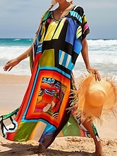 cheap Stripe&amp;Geometric Dress-Women's Maxi Dress Beach Dress Casual Dress Boho Dress Cover Up Elegant Fashion Modern Outdoor Vacation Going out Loose Fit Abstract Half Sleeve V Neck Blue Pink Royal Blue Orange Summer Spring