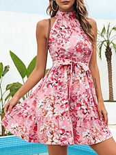billiga Casual blommiga klänningar-Dam Mini klänning A linjeklänning Blommig klänning Halter Neck Klänning Elegant Mode Modern Utomhus Semester Utekväll Normal Blommig Ärmlös Halterneck Blå Gul Rodnande Rosa Sommar Vår