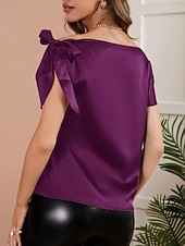 cheap Plain Blouses-Women's Elegant Satin Top Summer Tops Blouse Plain Stylish Basic Classic Short Sleeve Off Shoulder Regular Tops Daily Work Holiday Black Pink Wine Green Summer Spring
