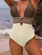 levne Jednodílné-Dámské Plavky Jeden kus Vysoký pas Plavky Nabírané šaty Slátanina prázdniny Vinobraní Bez vzoru Do V Bez rukávů Plavky