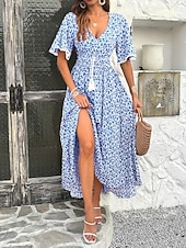abordables Vestidos casuales con flores-Women's Long Dress Maxi Dress A Line Dress Floral Dress Elegant Fashion Modern Daily Outdoor Vacation Regular Fit Floral Short Sleeve V Neck Blue Black Brown Summer Spring