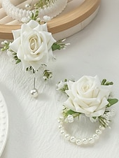 cheap Wedding Accessories-Women's Bridesmaid and Groomsman Corsage and Boutonniere Set, Available in Multiple Colors, Polyester Material, Perfect for Weddings and Parties