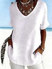 baratos Camisas-Mulheres Camisa Social Blusa Tecido à moda Clássico Moderno Manga Curta Decote V Tops regulares Diário Feriado Para Noite Azul Branco Cinzento Verão Primavera