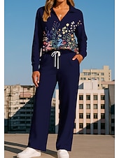 cheap Tracksuits-Women's Sweatshirt Tracksuit Sweatpants Drawstring Pocket Floral Print Jacket and Sweatpants Athletic Clothing Set Loungewear Summer Spring Fall Winter Navy Black Gym Workout Casual Workout Thermal