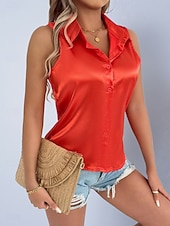 billige Enkle bluser-Dame Skjorte Sateng skjorte Bluse Ermeløs skjorte Knapper عادي Stilfull Klassisk Moderne Ermeløs Skjortekrage Vanlige topper Daglig Ferie Ut på byen Svart Hvit Lilla Grønn Sommer Vår