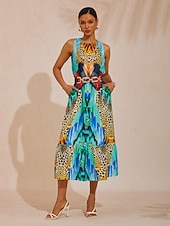 billiga Blommiga klänningar-silkeslen maxiklänning i satin med djungelviltmönster