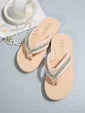 billiga Slide Sandaler-Damflip-flops med glittriga strassdetaljer - eleganta beige sandaler med kristalldetaljer, bekväma platåsandaler för sommarsemester, avkoppling vid poolen &amp;öresor