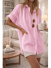 abordables Camisas-Mujer Camisa Algodón Compuesto camisa boho Abotonar Plano Casual Estilo playero Manga Corta Cuello Camisero Tops regulares Negro Blanco Amarillo Rosa Azul cielo Verano