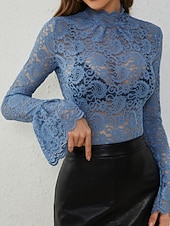 preiswerte Spitzenoberteile-Damen Bluse Spitzentops Spitze Blumen Einfach Stilvoll Sexy Modern Langarm Glockenärmel Hoher Ausschnitt Normale Oberteile Täglich Ferien Ausgehen Blau Schwarz Weiß Rosa Sommer Frühling