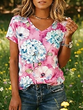 economico T-shirt floreale-Per donna Camicia Boho Maglietta Stampato Floreale Grafico Bohemien Vintage Classico Manica Corta Scollo a V Top Regolari Quotidiano Rosa Verde scuro Viola Verde Rosa Estate Primavera