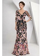 cheap Floor Length-A-Line Floor Length Mother of the Bride Dress Half Sleeve V Neck Elegant Vintage Formal Lace Tulle with 3D Flowers Embroidery Flower