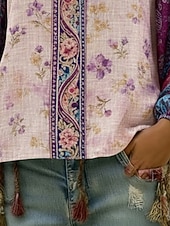 Χαμηλού Κόστους Πουκάμισα-Γυναικεία Πουκάμισο Μπόχο πουκάμισο Λινό από ψεύτικο βαμβάκι Στάμπα Φλοράλ Γραφική Λαχούρι Βοημία Βίντατζ Κλασσικό Μακρυμάνικο Λαιμόκοψη V Κανονικά μπλουζάκια Καθημερινά Αργίες Εξόδου Βυσσινί