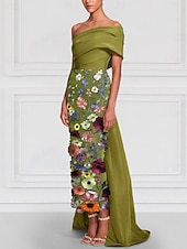 cheap Ball Gown Evening Dresses-Sheath Column Tea Length Cocktail Dresses Evening Gown Ball Gown with Overskirt Formal Dress Elegant Sleeveless Off Shoulder Garden Party Wedding Satin with Bow(s) Embroidery