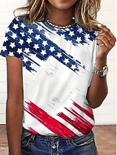  Camiseta Patriótica Feminina do Dia da Independência Gráfica Bandeira Vintage Moda Estilosa Manga Curta Gola Redonda Tops Regulares Impressão Diária Final de Semana Azul Branco Verão Primavera