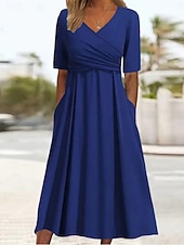 cheap Plain Dress-Women's Midi Dress Casual Dress Wrap Dress Elegant Fashion Modern Outdoor Vacation Going out Regular Fit Plain Short Sleeve V Neck Blue Black Red Brown Summer Spring
