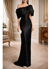 cheap Sheath Evening Dresses-Sheath Column Floor Length Evening Gown Formal Dress Elegant Glittering Sleeveless One Shoulder Wedding Formal Taffeta Cowl Back with Bow(s) Ruched