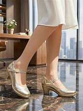 abordables Zapatos Mary Jane-Zapatos Mary Jane plateados metalizados para mujer con tacón medio y correa ajustable: zapatos de oficina cómodos y elegantes para el trabajo y los desplazamientos.