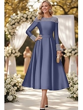 economico Lunghezza alla caviglia-Linea ad A Lunghezza alla caviglia Vestito da Festa Abito da Cocktail Abito da invitata a nozze Abito da cerimonia per signora Manica Lunga Senza Spalle Elegante Formale Raso con Perle