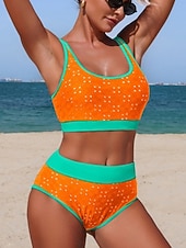 رخيصةأون أطقم البيكيني-نسائي ملابس السباحة بيكيني 2 قطعة عالي الخصر ملابس السباحة ضعيف بدون ظهر العطلة ملابس الشاطئ لون الصلبة منقط رقبة سكوب بدون كم بدلة سباحة