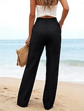 preiswerte Wesentliche Falsche Unterteile-Damen Kunstbaumwollleinen Weites Bein Freizeithose Sommerhose Urlaub Streetwear Basic Volle Länge Mittlere Taillenlinie Einfach Tasche Atmungsaktivität Bequem Unelastisch Täglich Outdoor Urlaub Blau