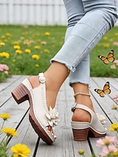 preiswerte Absatzsandalen-Graue Damen-Sandalen mit mittelhohem Absatz und Blumenmuster – elegant-lässiger Stil, bequemer Blockabsatz, ideal für Damen, Alltag, Gartenpartys, Reisen und Sommerveranstaltungen