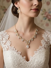 preiswerte Hochzeit ACC-Damen-Schmuckset aus goldenem Strass mit Tropfenanhänger – elegante Halskette und Ohrhänger im Blattdesign für Bräute, Hochzeitsgäste und formelle Abendveranstaltungen