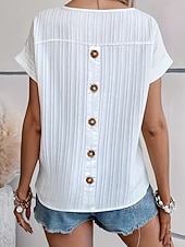 abordables Camiseta lisa-Mujer Camiseta Botones Estriado Color sólido A Rayas Elegante Casual Manga Corta Cuello Barco Escote Redondo Tops regulares Diario Noche Blanco Verano Primavera