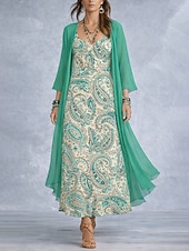 preiswerte Boho Kleid-Damen Kleid-Set A Linie Kleid Urlaub Boho Blumen Grafik Geschichtet Druck Maxikleid Dreiviertelarm V Ausschnitt Strand Blau Rosa Purpur Sommer Frühling Normale Passform