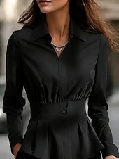economico Bluse Semplici-Per donna Camicia popover Camicia casual Blusa Bottoni Tinta unica Elegante Formale Manica Lunga Collo ripiegato Top Regolari Quotidiano Lavoro Ferie Nero Bianco Blu marino Marrone Primavera Autunno
