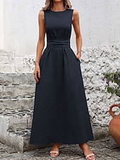 tanie Biała sukienka-Damskie Sukienka maxi Sukienka A line Urlop Codzienny Na zewnątrz Wyjściowe Luźny / a Jednokolorowe Bez rękawów Wycięcie pod szyją Granatowy Czarny Czerwony Zielony Lato Wiosna