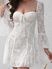 economico Abiti in pizzo bianco-Per donna Mini Abito Abito Bianco Abito in Pizzo Vestito Casual Moda Caldo Moderno All'aperto Vacanza Uscire Vestibilità regolare Semplice Manica Lunga Collo quadrato Nero Bianco Estate Primavera