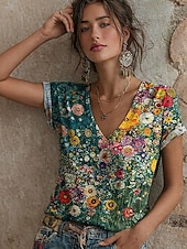 tanie koszulka w kwiaty-Damskie Podkoszulek Nadruk Kwiaty Graficzny Zabytkowe Elegancki Klasyczny Krótki rękaw W serek Zwykłe topy Codzienny jesion Czarny Jasnozielony Czerwony Zielony Lato Wiosna