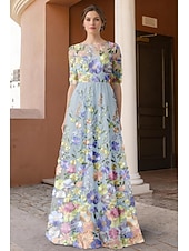 billige Gulvlengde-A-linje Kjoler Gulvlengde Festkjole Cocktail Kjole Gjestekjole til bryllup Kjole til brudens mor Halvlange ermer Crew-hals Illusjon Hals Elegant Årgang Formell Blonder Tyll med 3D-blomster Broderi