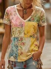  Women's Boho Shirt T Shirt Print Floral Graphic Bohemia Vintage Casual Short Sleeve V Neck Long Tops Daily Green / Blue Yellow Pink Summer Spring