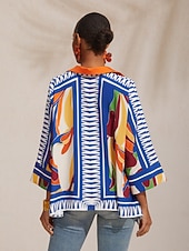 economico Bluse e camicie-camicia corta in raso con maniche a pipistrello e stampa geometrica a blocchi di colore per le vacanze