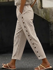 cheap Pants-Women's Linen Pants Trousers Casual Pants Summer Pants Vacation Fashion Basic Full Length Mid Waist Plain Striped Side Pockets Comfort Inelastic Holiday Casual Daily Light Gray Brown And White Dark