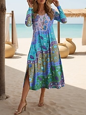 abordables Vestidos Boho-Mujer Vestido Midi Vestido estilo camiseta Casual Diario Delgado Graphic Geométrico Manga Larga Cuello Barco Azul Piscina Amarillo Rojo Morado Verano Primavera