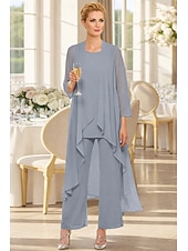 voordelige Broekpakken van mama-3-delig pak Tot de grond Moeder van de bruid jurk Mouwloos Nek boot Elegant Grote maten Bruiloft gast Chiffon Wrap inbegrepen met Effen kleur